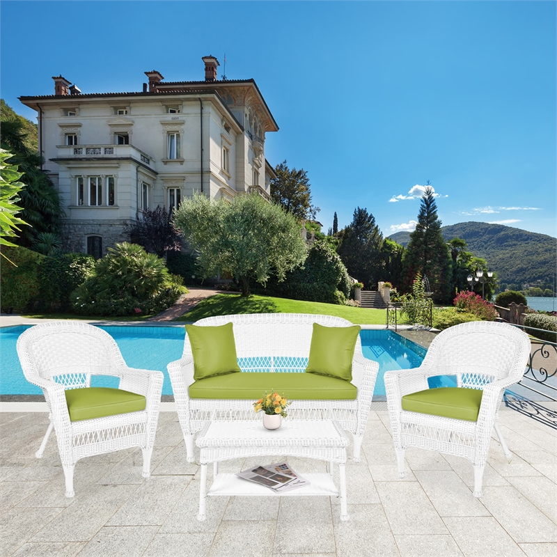 Jeco 4pc Wicker Conversation Set in White with Green Cushions