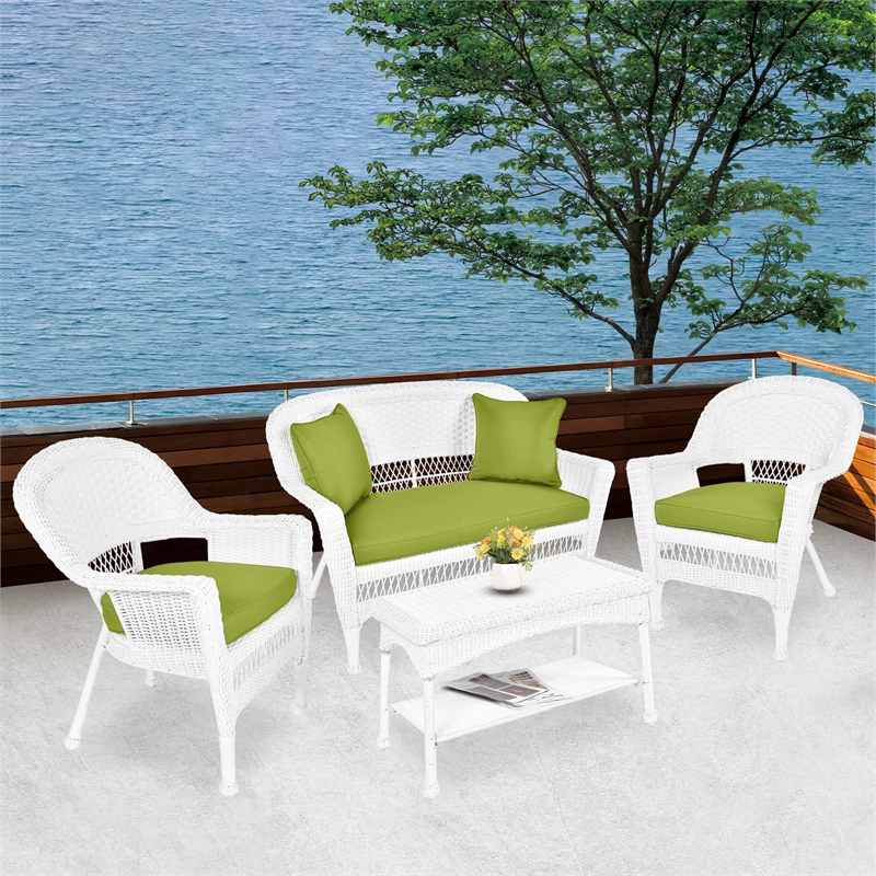 Jeco 4pc Wicker Conversation Set in White with Green Cushions
