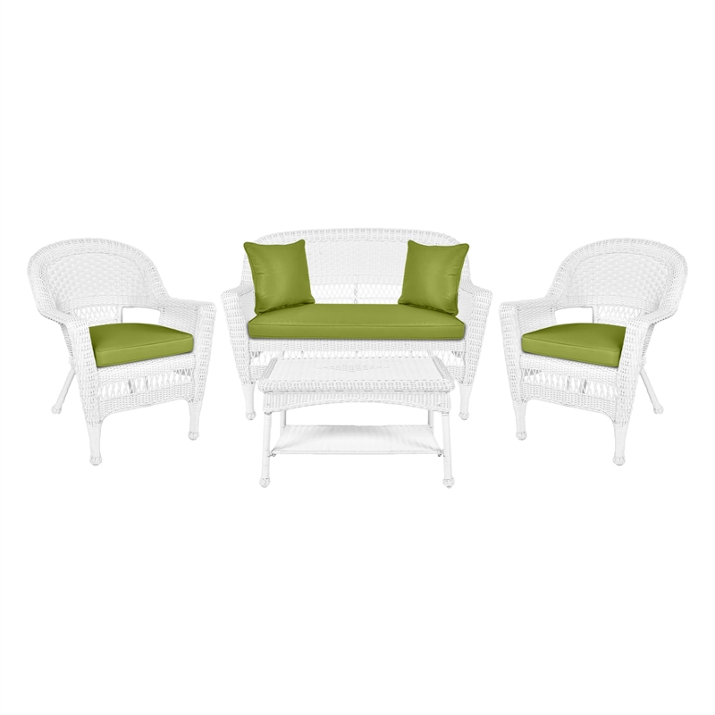 Jeco 4pc Wicker Conversation Set in White with Green Cushions