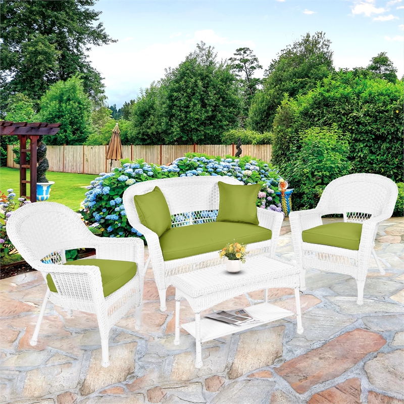 Jeco 4pc Wicker Conversation Set in White with Green Cushions