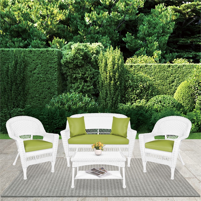 Jeco 4pc Wicker Conversation Set in White with Green Cushions