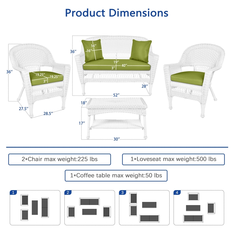 Jeco 4pc Wicker Conversation Set in White with Green Cushions