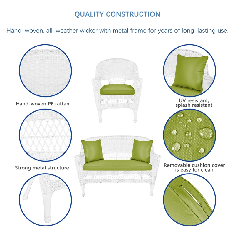 Jeco 4pc Wicker Conversation Set in White with Green Cushions