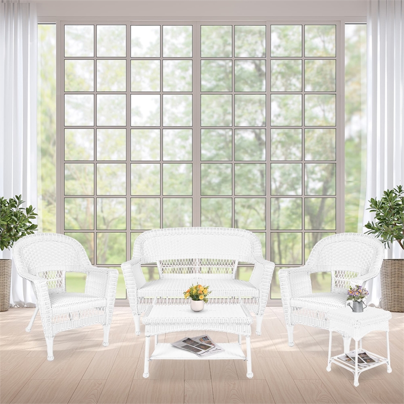 Jeco 5 Piece Resin Wicker Modern Patio Sofa Set in White