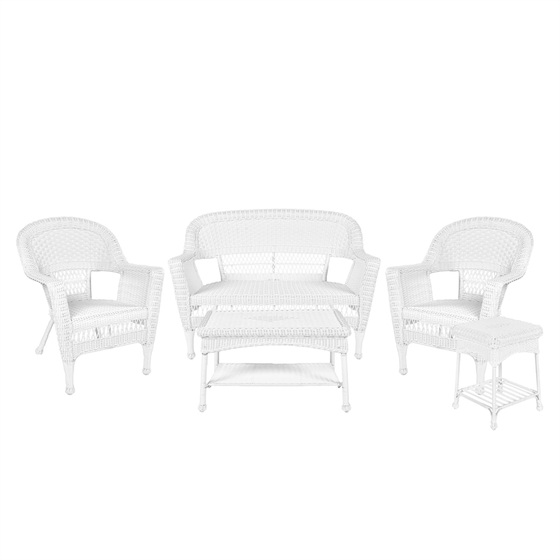 Jeco 5 Piece Resin Wicker Modern Patio Sofa Set in White