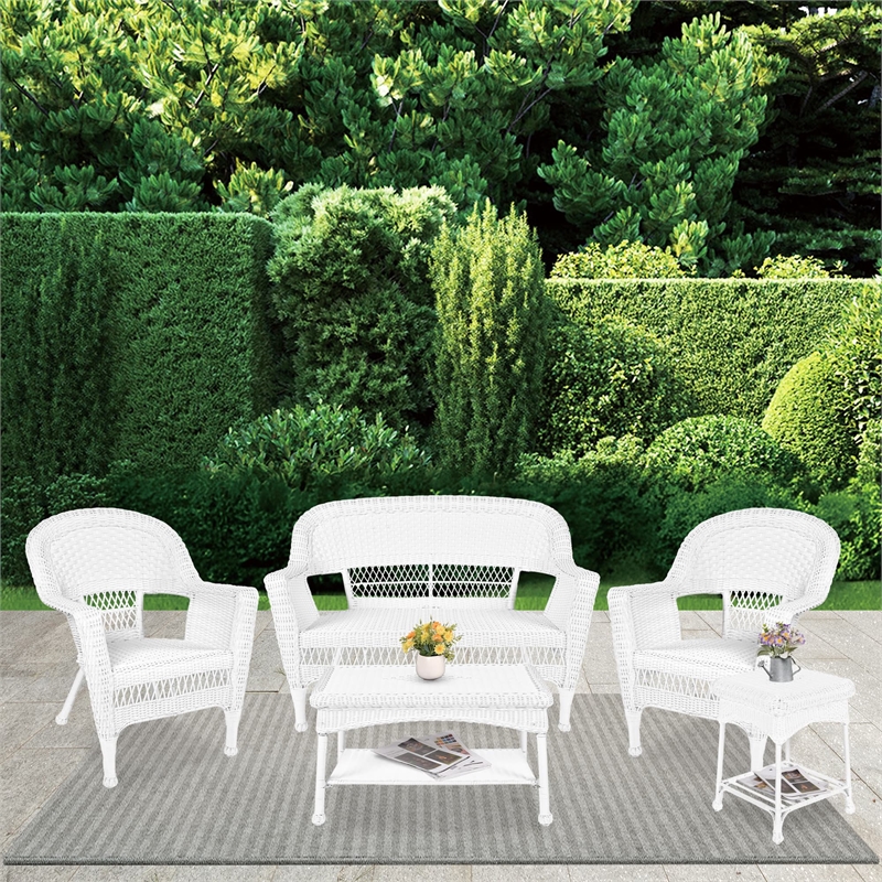 Jeco 5 Piece Resin Wicker Modern Patio Sofa Set in White