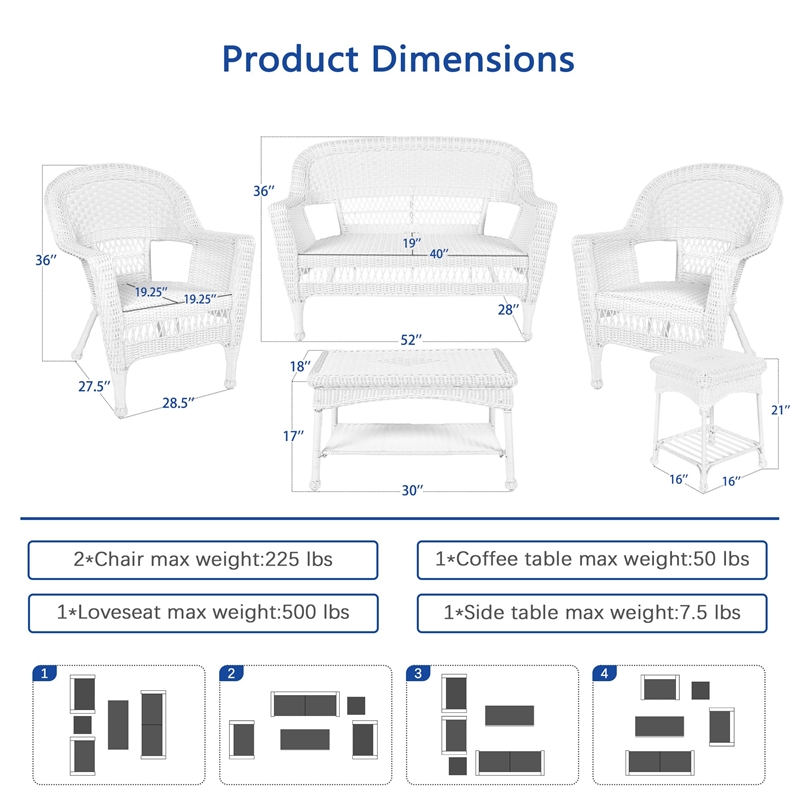 Jeco 5 Piece Resin Wicker Modern Patio Sofa Set in White