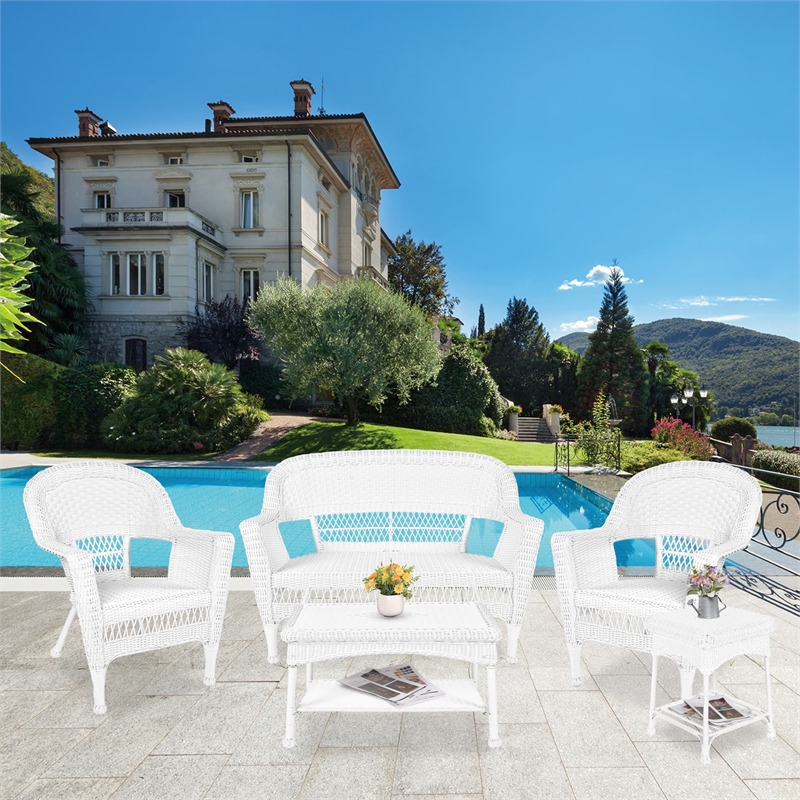 Jeco 5 Piece Resin Wicker Modern Patio Sofa Set in White