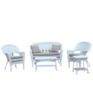 Jeco 5pc Wicker Conversation Set in White with Tan Cushions