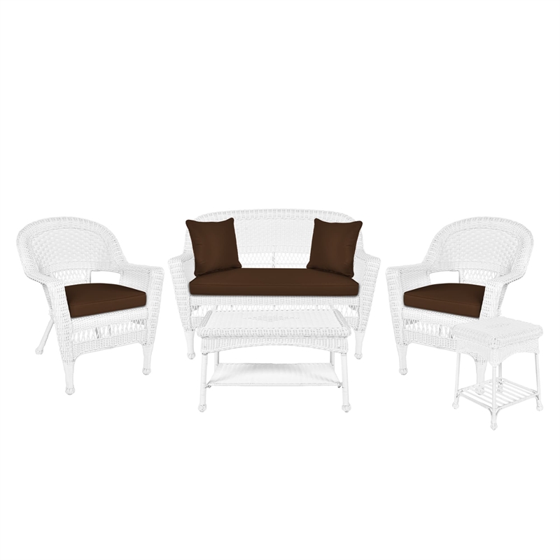 Jeco 5 Piece Resin Wicker Patio Conversation Set in White with Brown Cushions