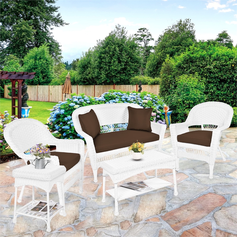 Jeco 5 Piece Resin Wicker Patio Conversation Set in White with Brown Cushions