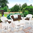 Jeco 5 Piece Resin Wicker Patio Conversation Set in White with Brown Cushions