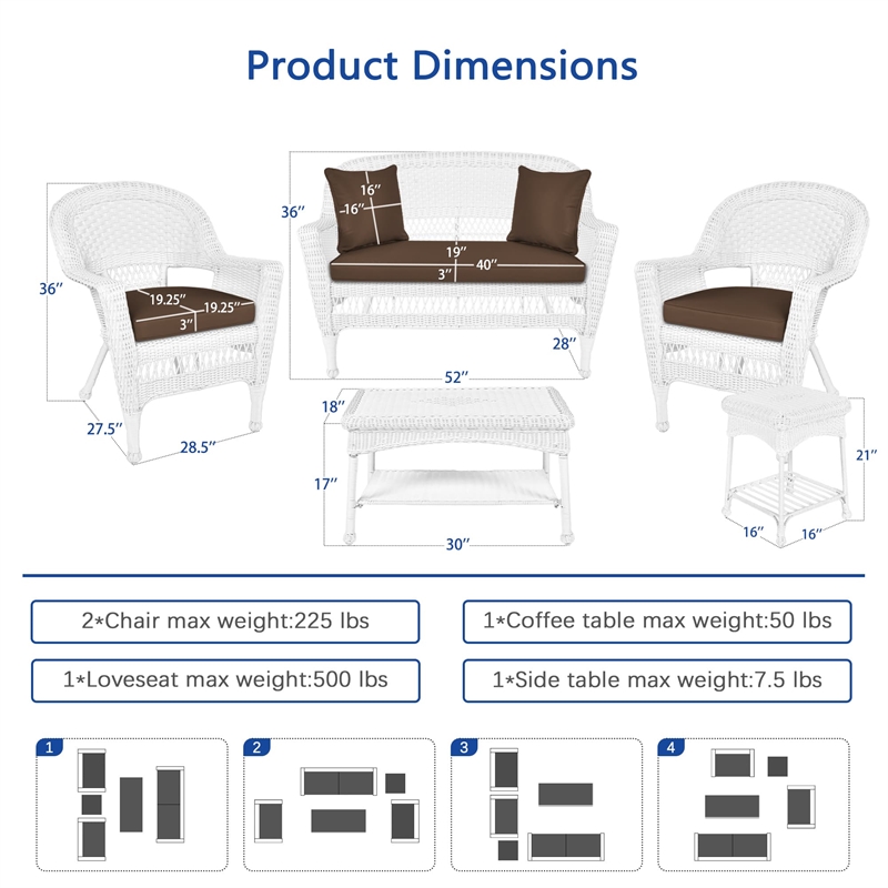 Jeco 5 Piece Resin Wicker Patio Conversation Set in White with Brown Cushions