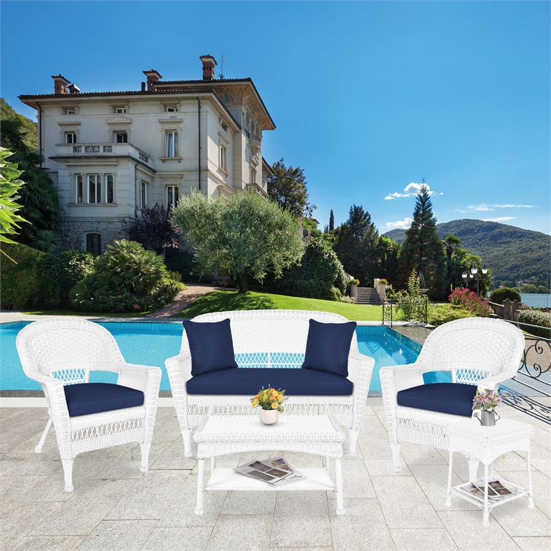 Jeco 5 Piece Resin Wicker Patio Conversation Set in White with Blue Cushions