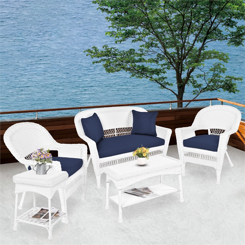 Jeco 5 Piece Resin Wicker Patio Conversation Set in White with Blue Cushions