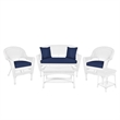 Jeco 5 Piece Resin Wicker Patio Conversation Set in White with Blue Cushions