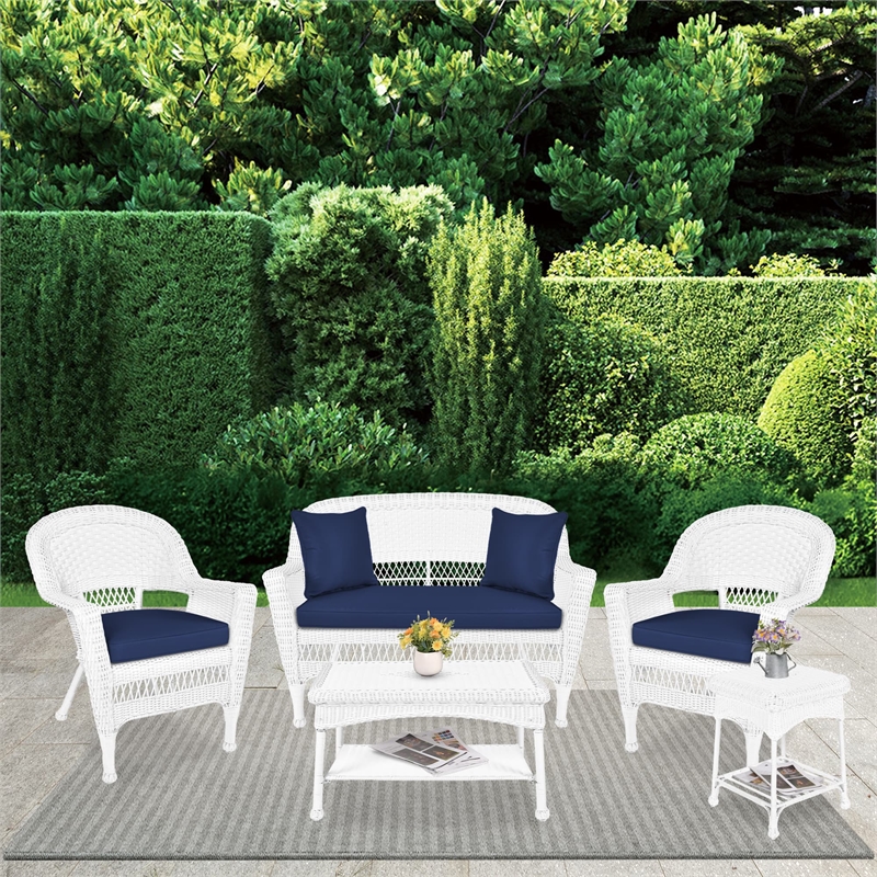 Jeco 5 Piece Resin Wicker Patio Conversation Set in White with Blue Cushions