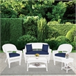 Jeco 5 Piece Resin Wicker Patio Conversation Set in White with Blue Cushions