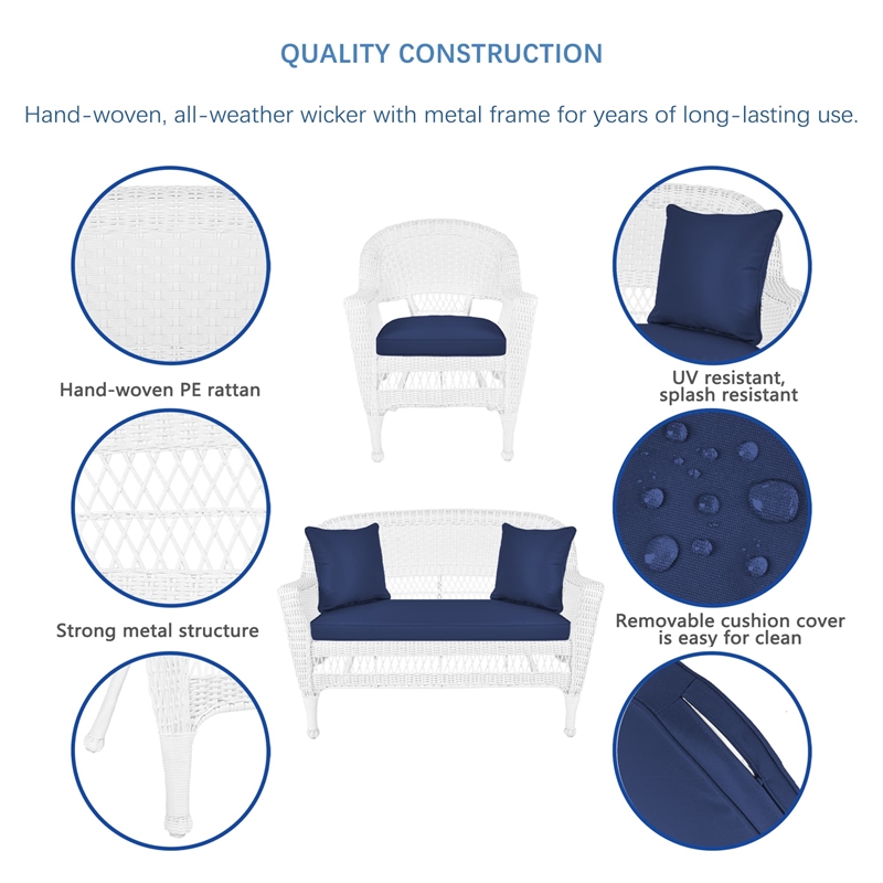 Jeco 5 Piece Resin Wicker Patio Conversation Set in White with Blue Cushions