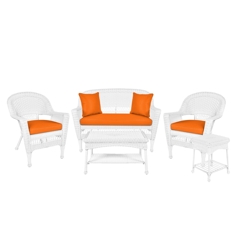 Jeco 5 Piece Resin Wicker Patio Conversation Set in White with Orange Cushions