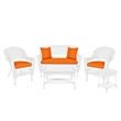 Jeco 5 Piece Resin Wicker Patio Conversation Set in White with Orange Cushions