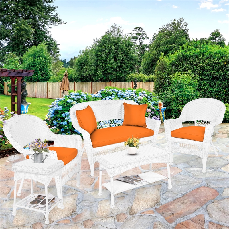 Jeco 5 Piece Resin Wicker Patio Conversation Set in White with Orange Cushions