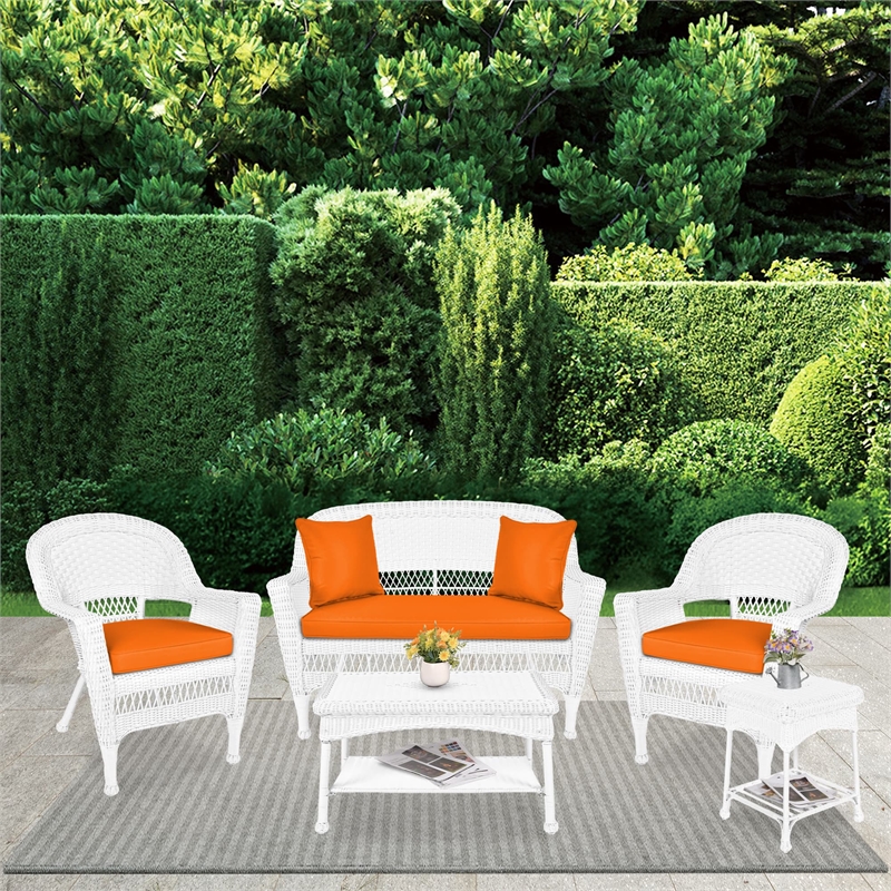 Jeco 5 Piece Resin Wicker Patio Conversation Set in White with Orange Cushions