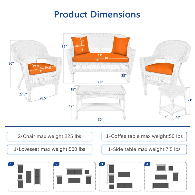 Jeco 5 Piece Resin Wicker Patio Conversation Set in White with Orange Cushions