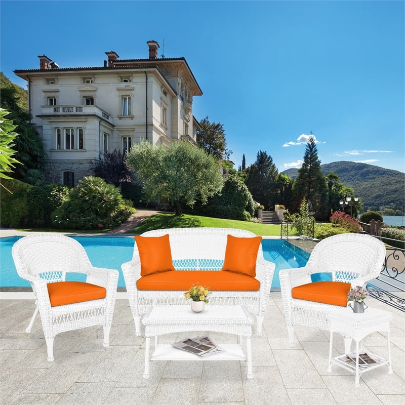 Jeco 5 Piece Resin Wicker Patio Conversation Set in White with Orange Cushions