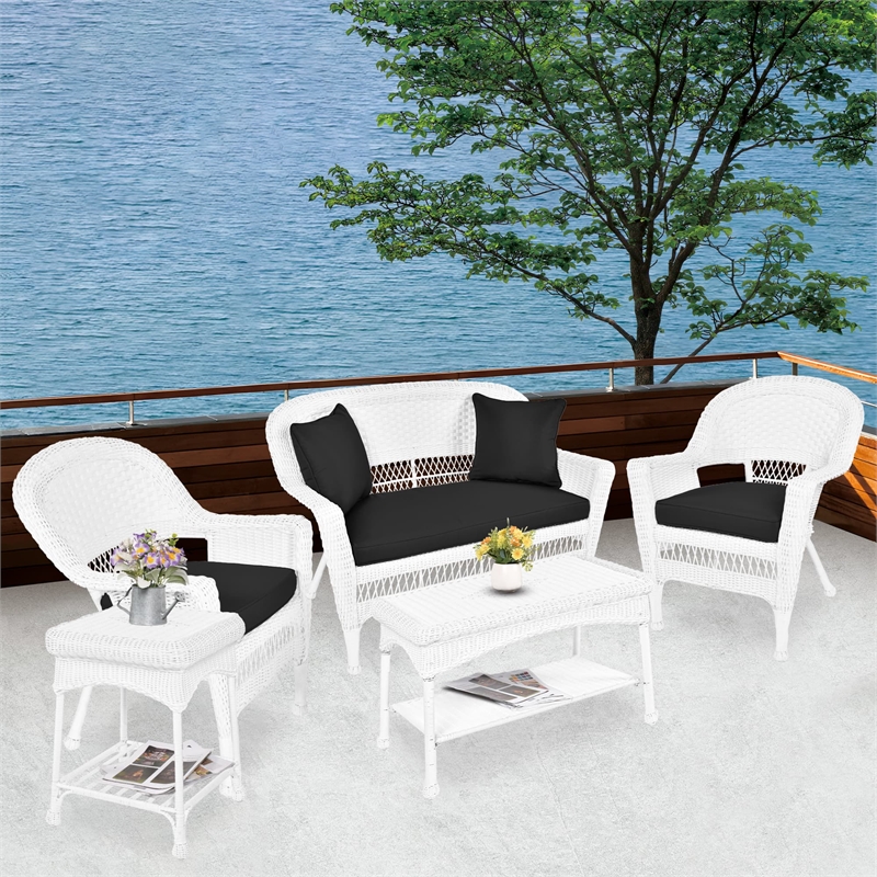 Jeco 5pc Wicker Conversation Set in White with Black Cushions