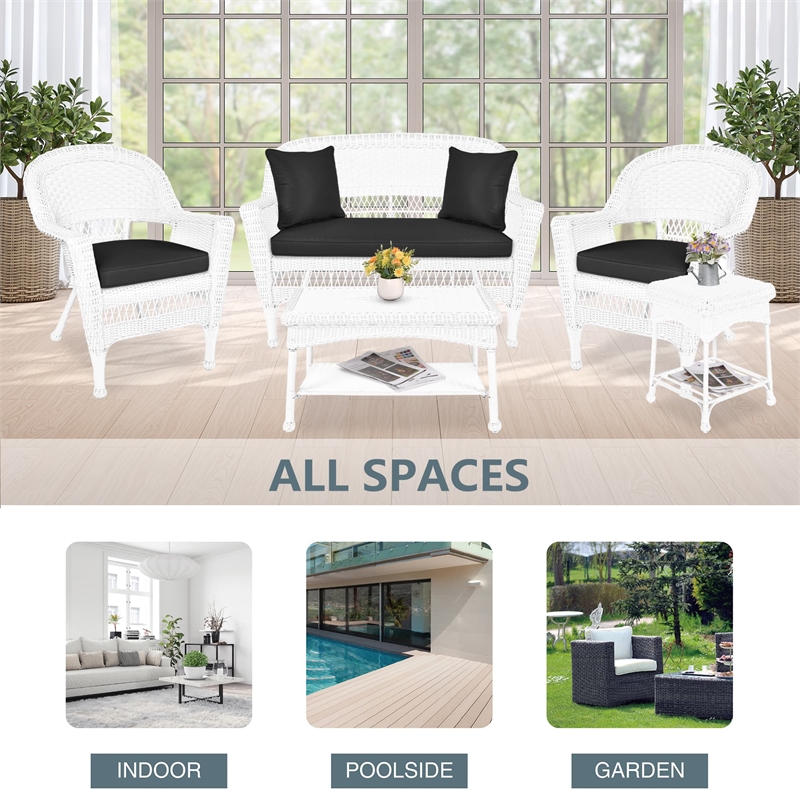 Jeco 5pc Wicker Conversation Set in White with Black Cushions