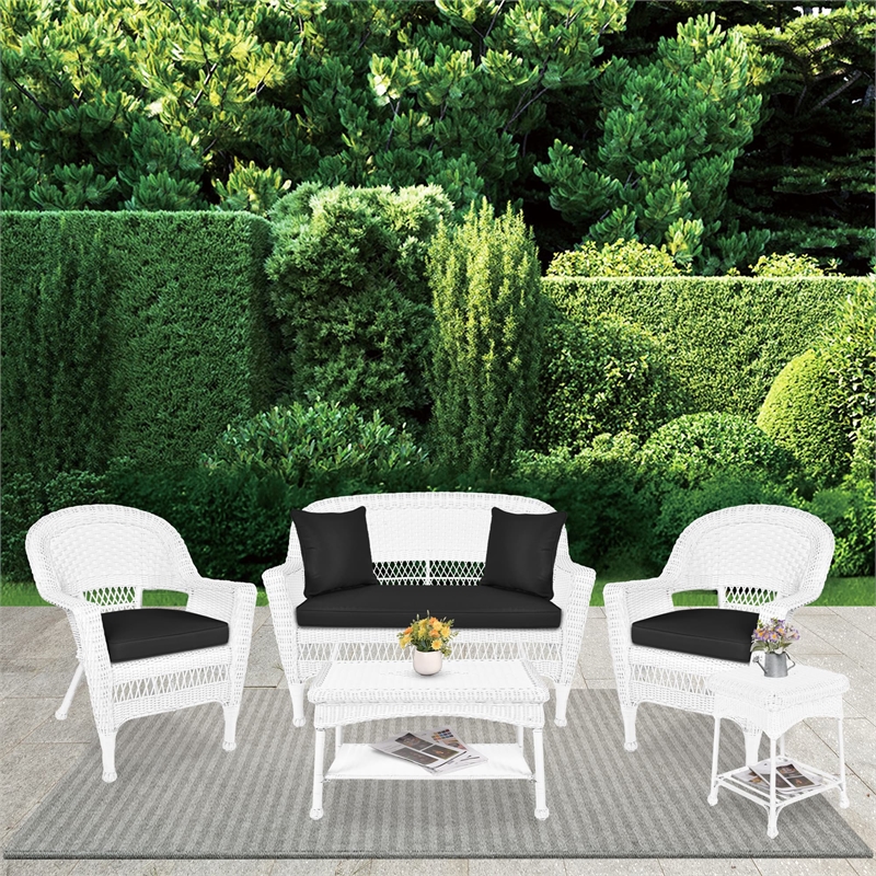 Jeco 5pc Wicker Conversation Set in White with Black Cushions
