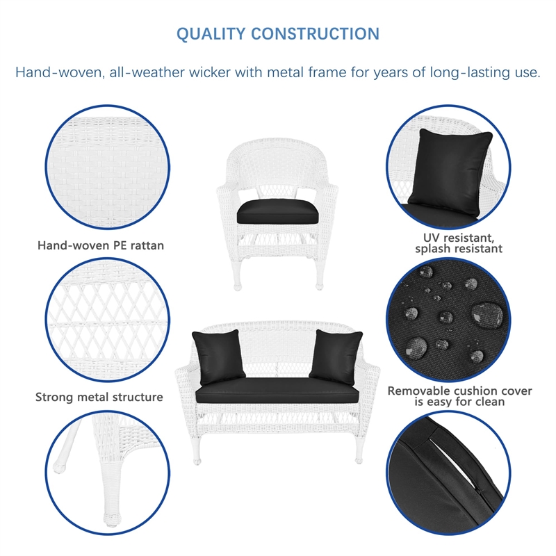 Jeco 5pc Wicker Conversation Set in White with Black Cushions