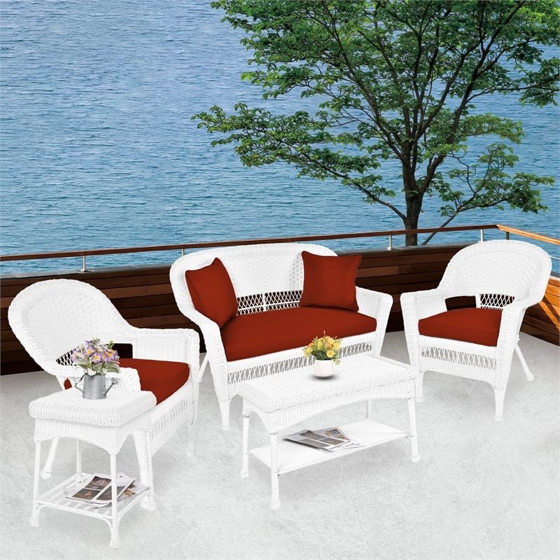 Jeco 5pc Wicker Conversation Set in White with Red Orange Cushions
