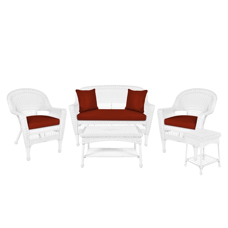 Jeco 5pc Wicker Conversation Set in White with Red Orange Cushions