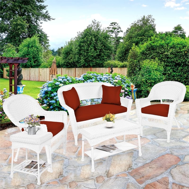 Jeco 5pc Wicker Conversation Set in White with Red Orange Cushions