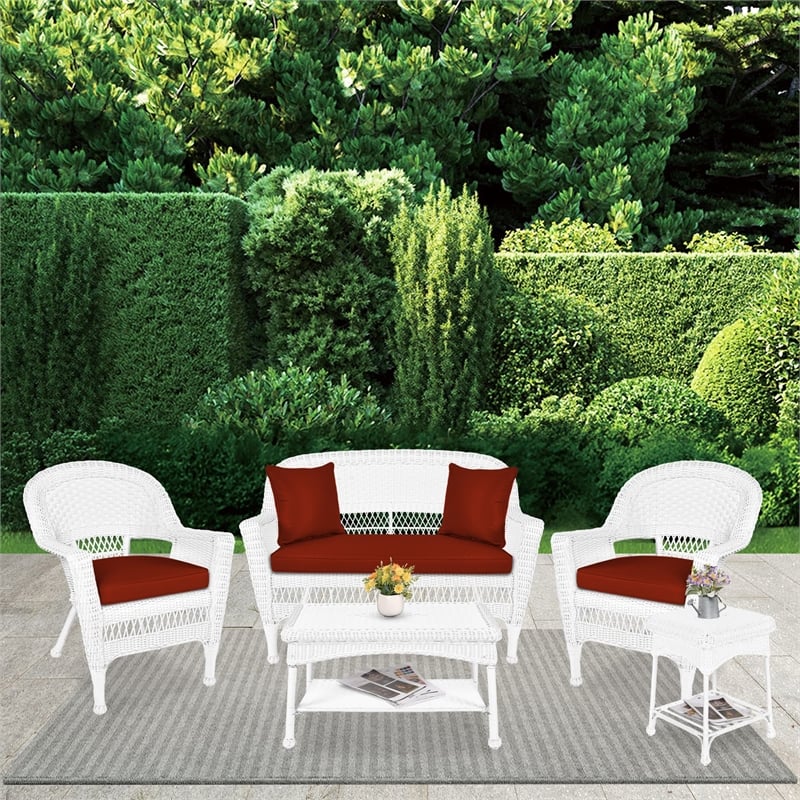 Jeco 5pc Wicker Conversation Set in White with Red Orange Cushions