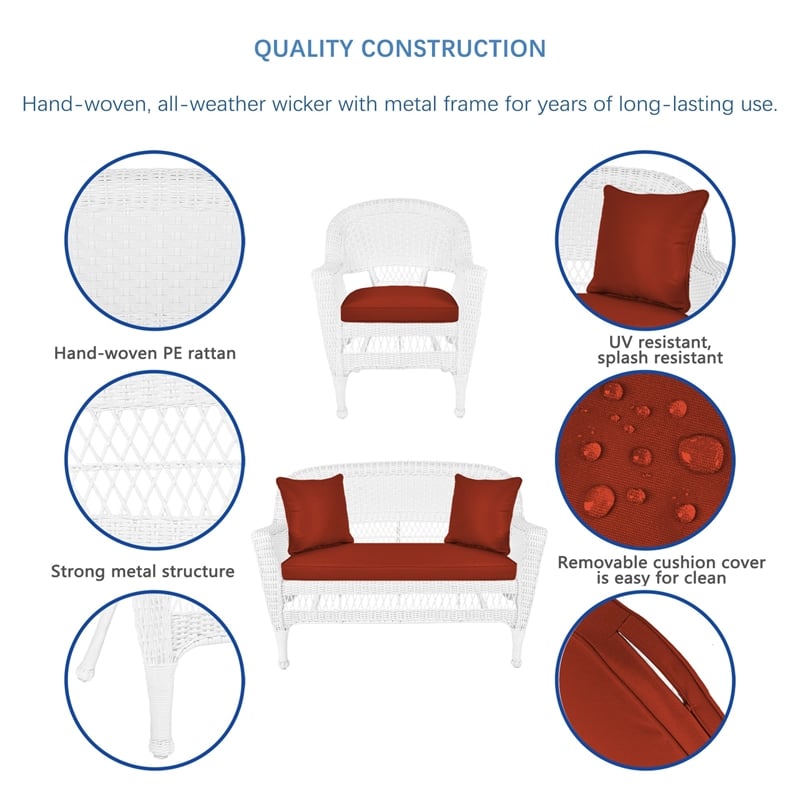 Jeco 5pc Wicker Conversation Set in White with Red Orange Cushions