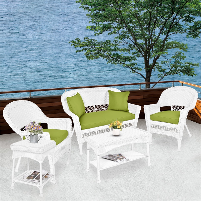 Jeco 5 Piece Resin Wicker Patio Conversation Set in White with Green Cushions