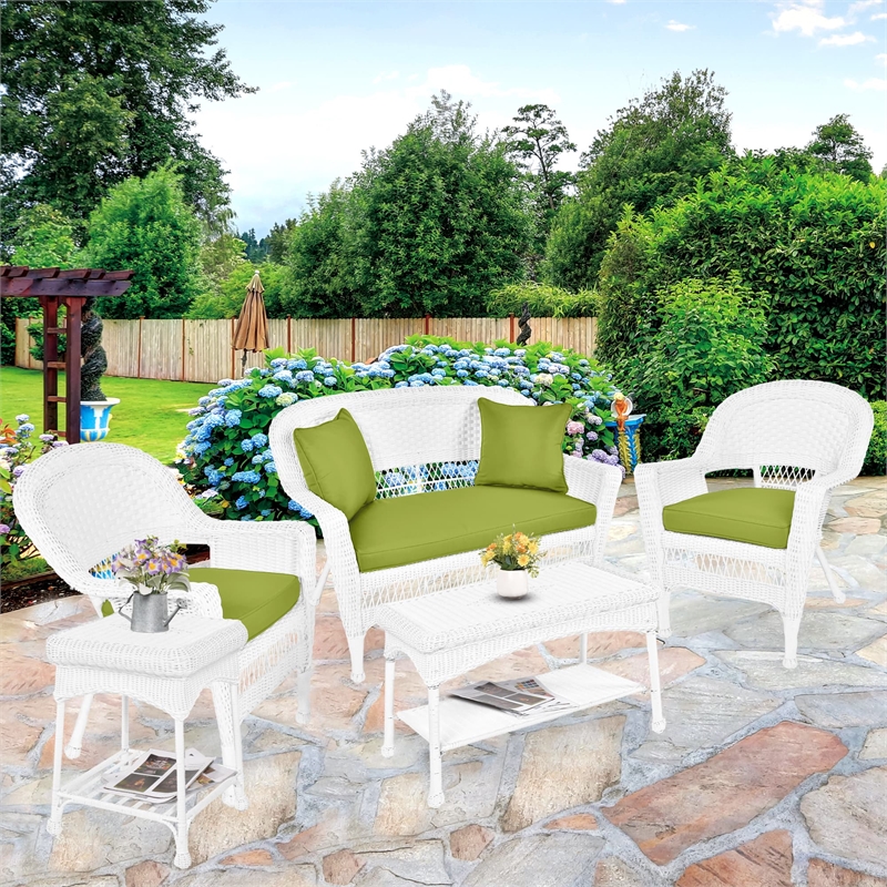 Jeco 5 Piece Resin Wicker Patio Conversation Set in White with Green Cushions