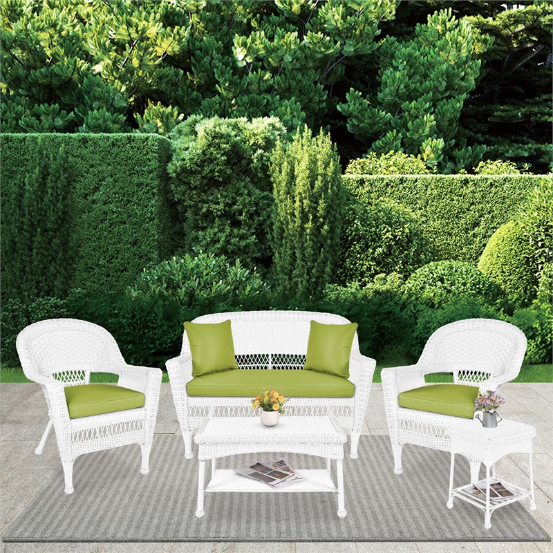 Jeco 5 Piece Resin Wicker Patio Conversation Set in White with Green Cushions
