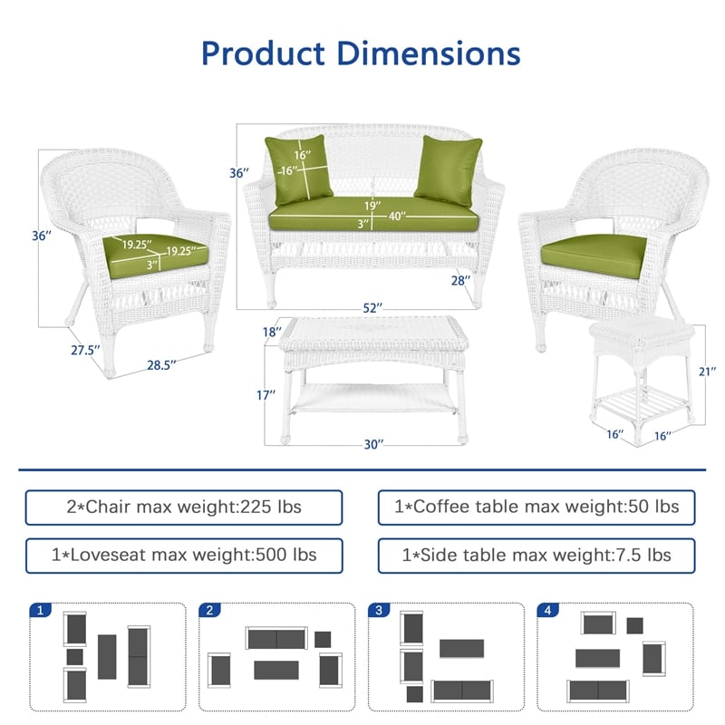 Jeco 5 Piece Resin Wicker Patio Conversation Set in White with Green Cushions