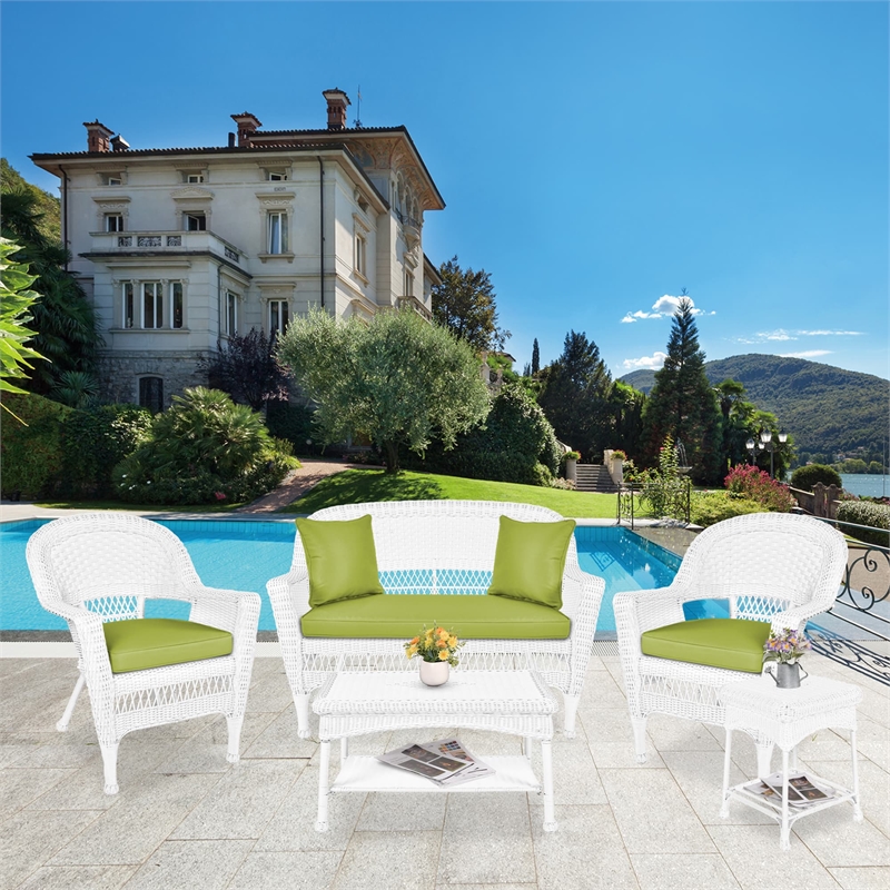 Jeco 5 Piece Resin Wicker Patio Conversation Set in White with Green Cushions