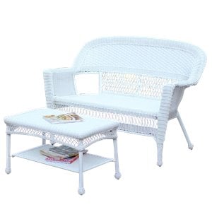 jeco wicker patio love seat and coffee table set in white