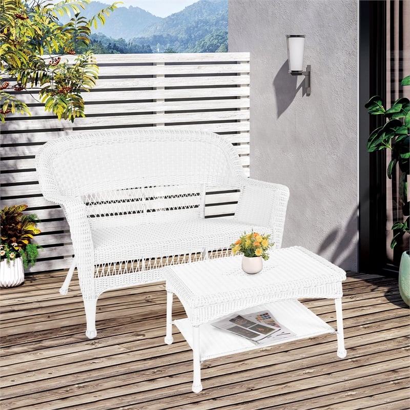 Jeco Wicker Patio Love Seat and Coffee Table Set in White without Cushion