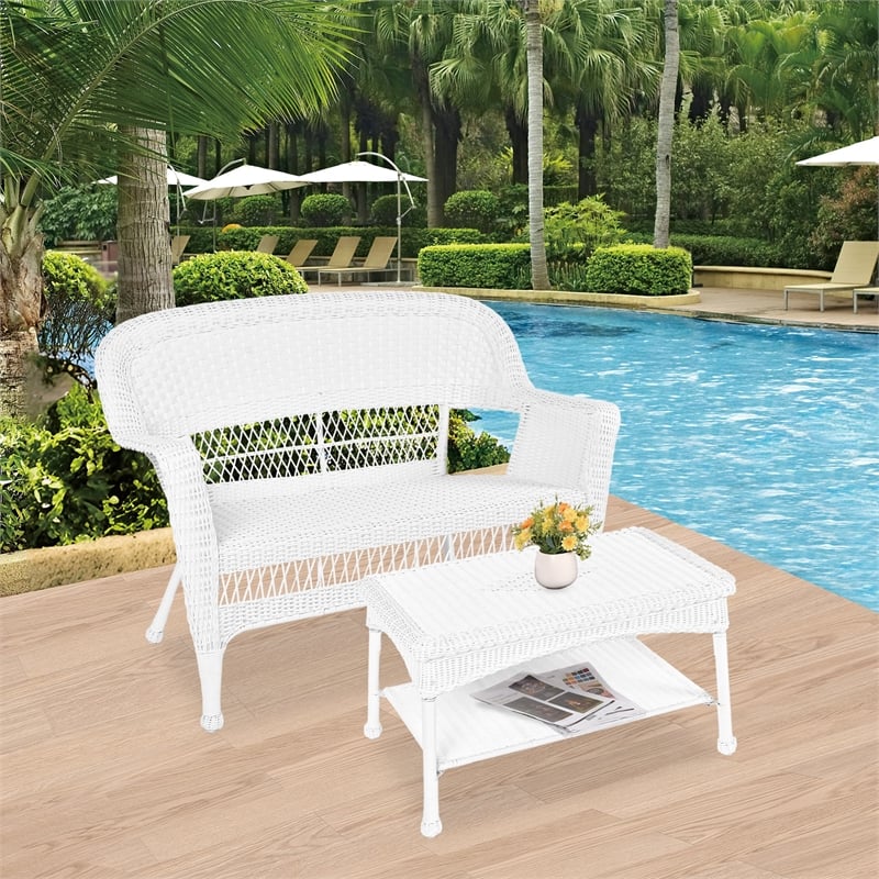 Jeco Wicker Patio Love Seat and Coffee Table Set in White without Cushion