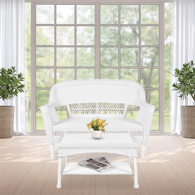 Jeco Wicker Patio Love Seat and Coffee Table Set in White without Cushion