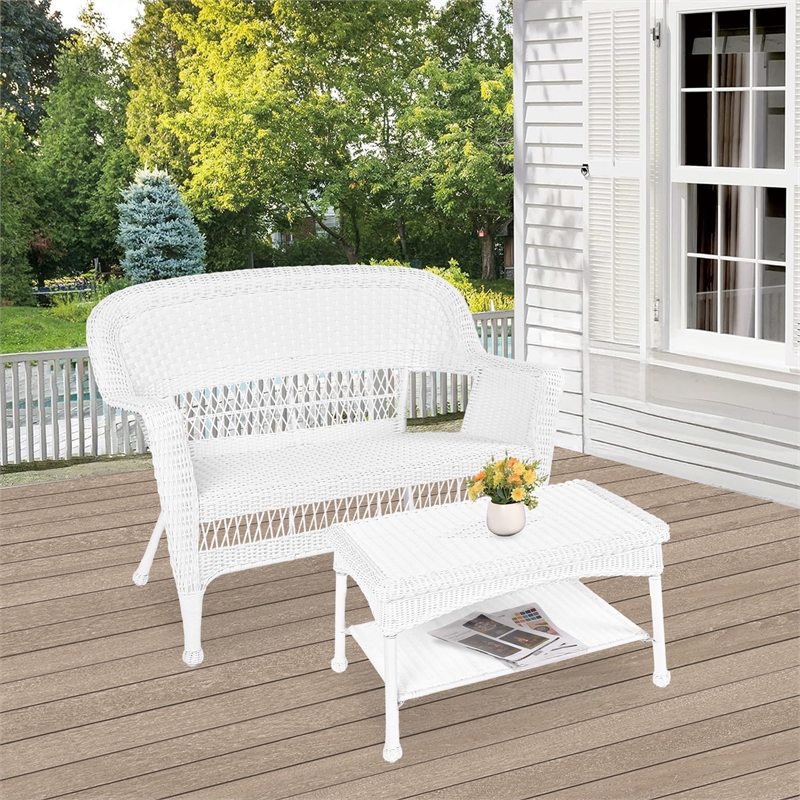Jeco Wicker Patio Love Seat and Coffee Table Set in White without Cushion