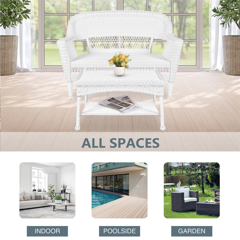 Jeco Wicker Patio Love Seat and Coffee Table Set in White without Cushion