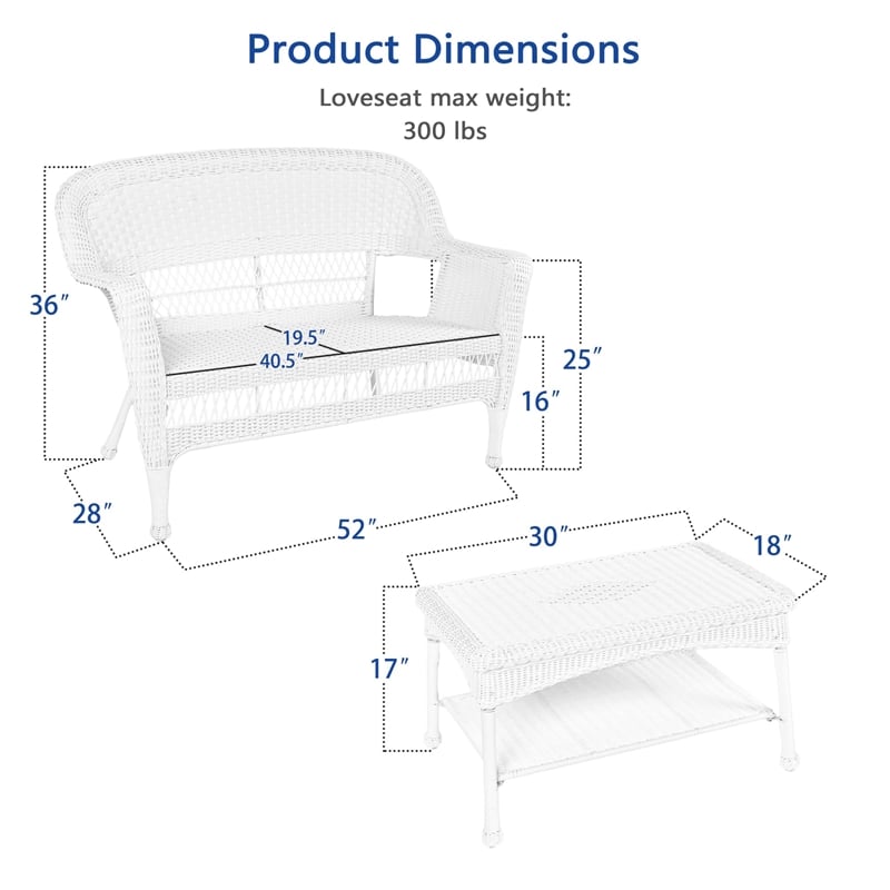 Jeco Wicker Patio Love Seat and Coffee Table Set in White without Cushion